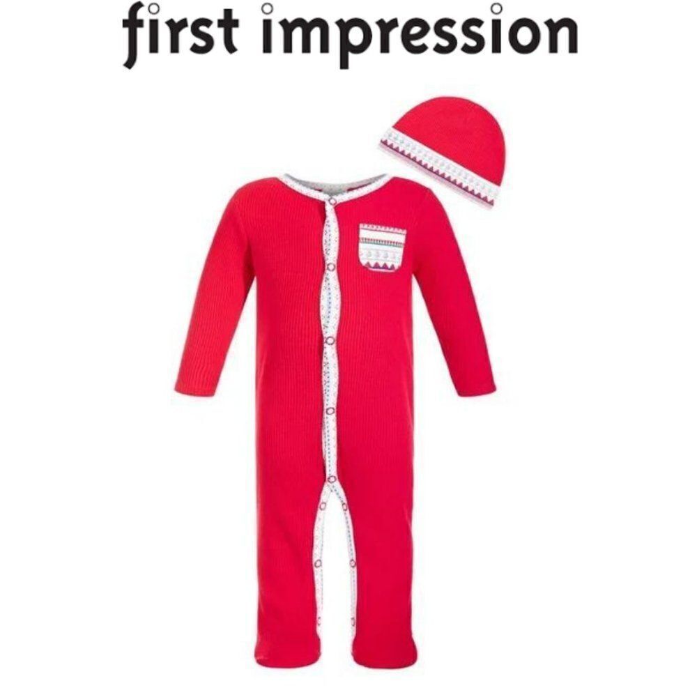 First Impressions Holiday Christmas Jumpsuit Romper Coverall Hat Set 0-3…